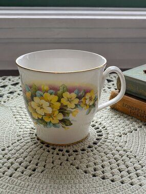 Vintage Royal Albert Yellow Primrose Floral Bone China Mug England Gold Trim